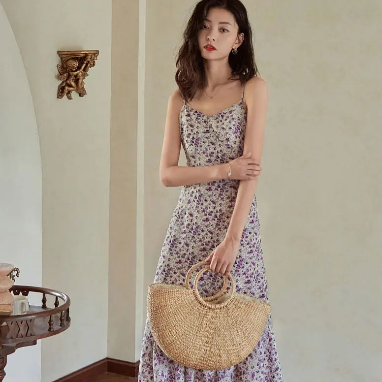 

French retro floral dress women's summer 2021 new Korean small sleeveless mid long suspender skirt