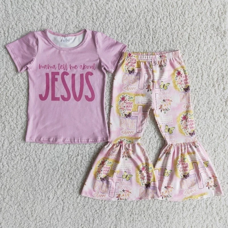 

Wholesale Fall Fashion Kids Easter Pink Jesus Shirt Clothes Set Baby Toddler Girls Outfit Children Boutique Striped Bells Pants