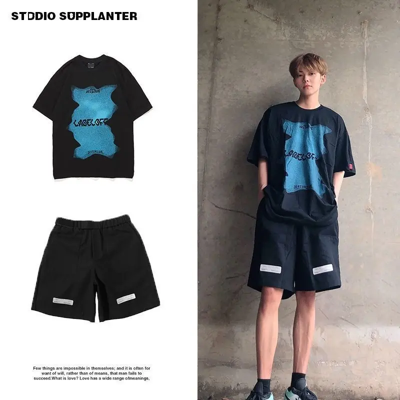 

High street wind short sleeve printed T shirt male loose trend Korean version of Joker casual couple half sleeve suit men's wear