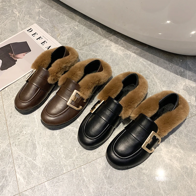 Winter mules slides outside fur slippers metal buckle flats slip-on slingback flip flops Korean casual round toe plush |