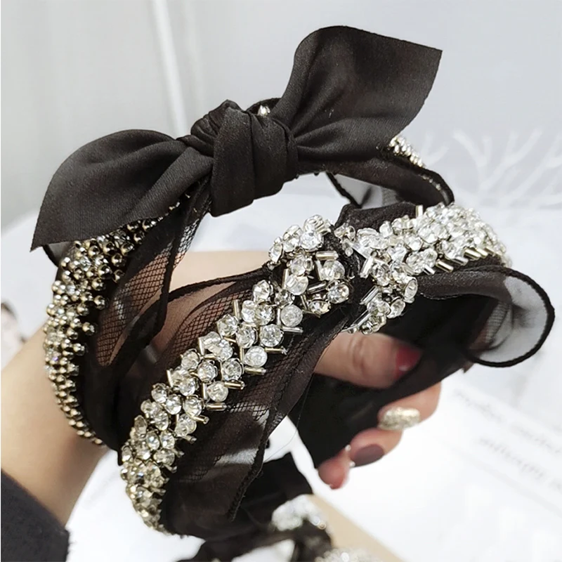 

Black Crystal Fashion Lace Headband Metal Beads Bohemian Rhinestone Pearl Knot Vintage Flower Twisted Elegant Bow Knotted