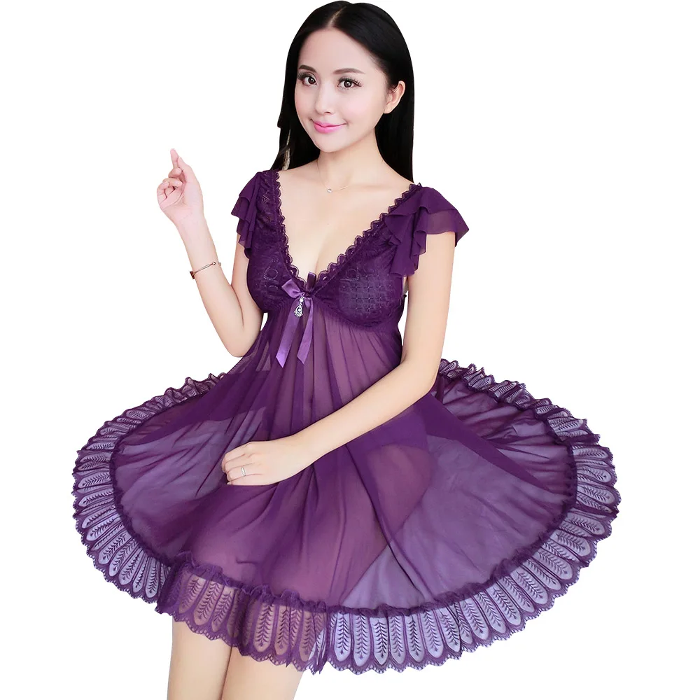 purple Пижама женская домашняя одежда ночнушка ночная сорочка Сексуальные кружевные женские пижамы, большие размеры, женское нижнее Белье для сна, ночная сорочка, прозрачное ночное платье, ночная рубашка, ночное белье - Color: purple