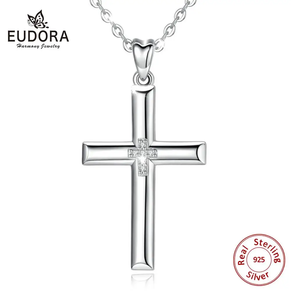 

EUDORA 925 Sterling Silver Cross Pendant Necklace Solid Silver Cross Crystal Necklace Fine Jewelry with box For Women Man CYD468
