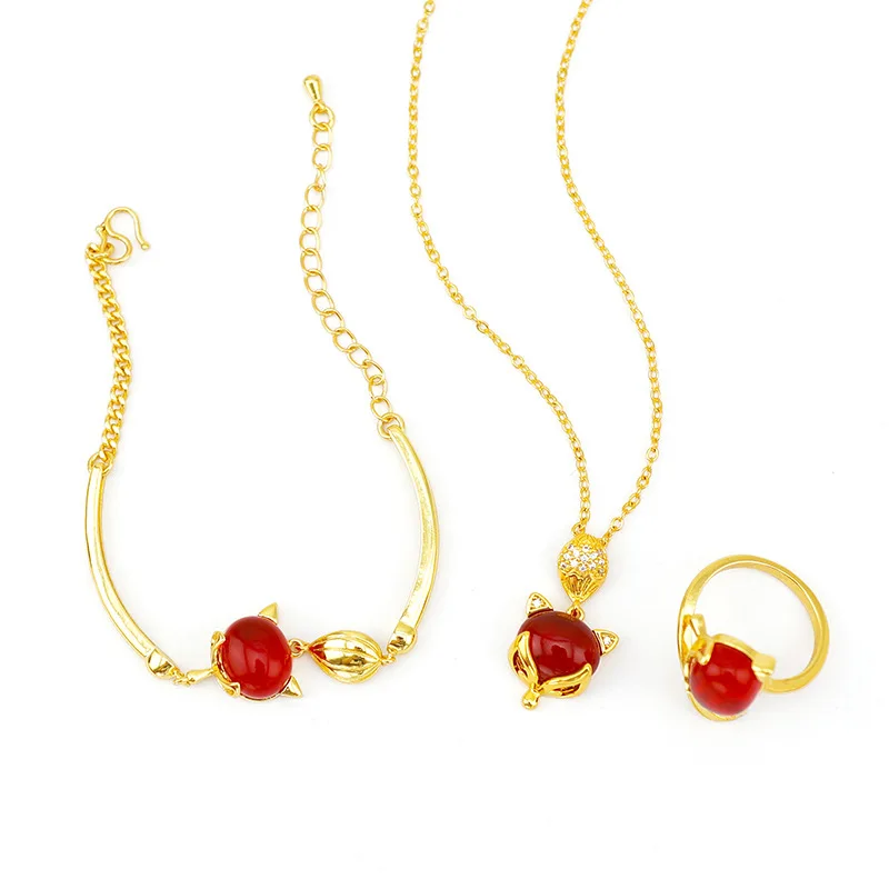 

Fashion 14K Gold Color Necklace Chain Ruby Fox Pendant Necklace Collar Charms Gemstone Bracelet Ring Jewelry Set Women Gifts