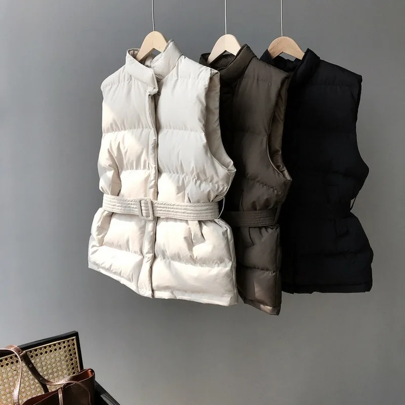 

Winter Keep Warm Sleeveless Vest Women Jacket Solid Harajuku Stand Collar Belt Puffer Outwear Loose Fashion Cotton Padded Vests