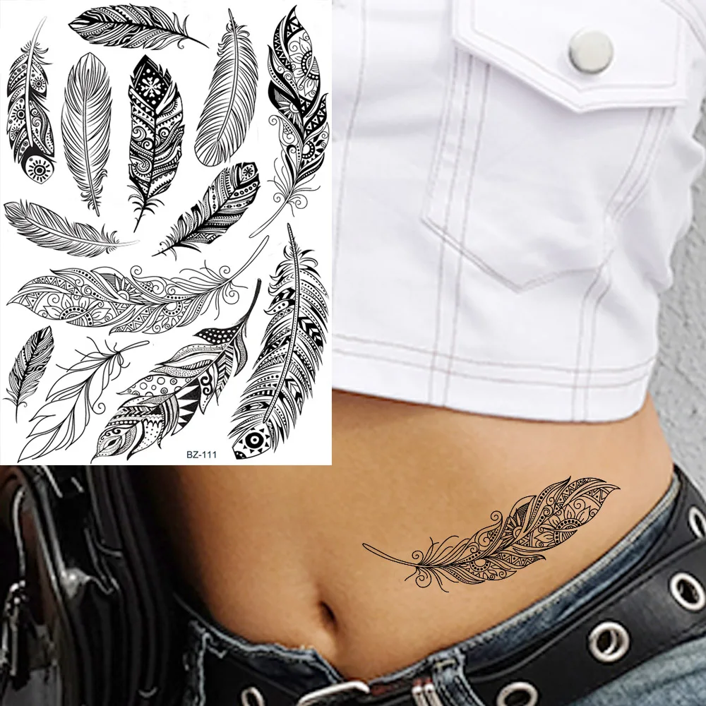 

Black India Tribal Feather Lace Henna Temporary Tattoos For Women Body Arm Tatoos Stickers Fake Girls Custom Tatoos Mehndi