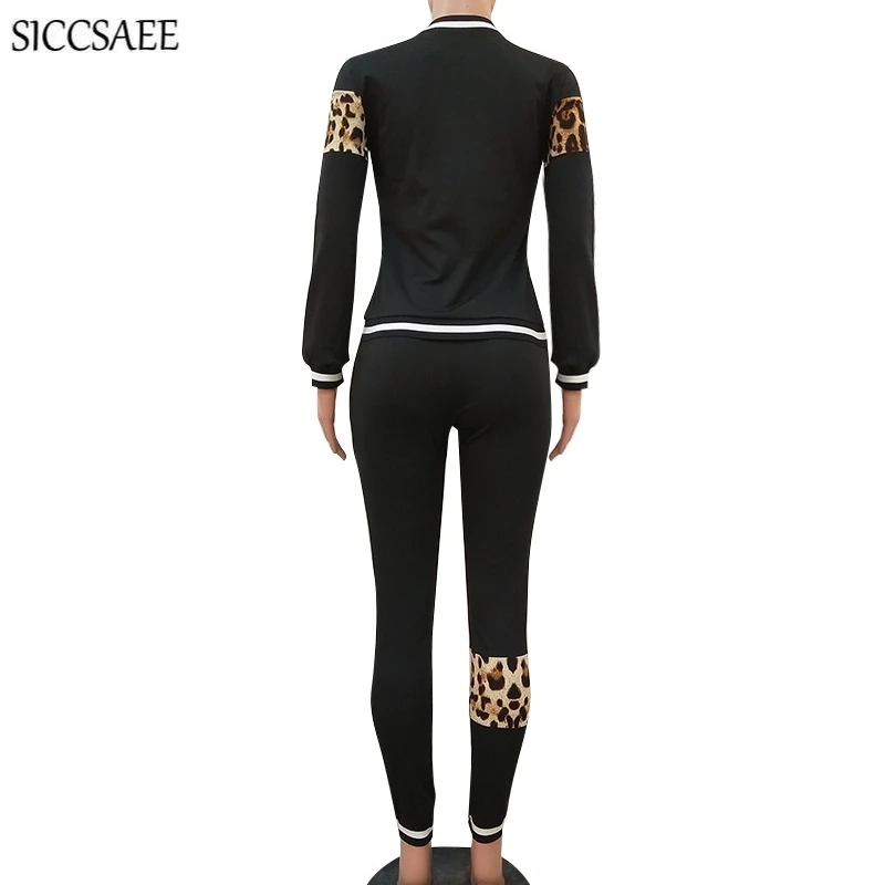 

2019 Autumn Winter New Arrivals Leopard Printed Patchwork Two Piece Set Loose Tracksuit For Women Moleton Feminino Ensemble Femme Sexy Casual Outfits Pullover Clothing Sweat Suit Striped Rib Pit
