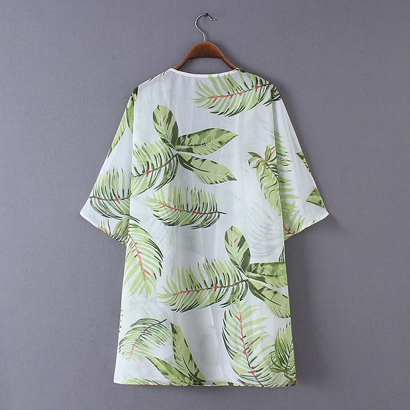 Рубашка-кимоно в богемном стиле с принтом листьев длинный кардиган поясом