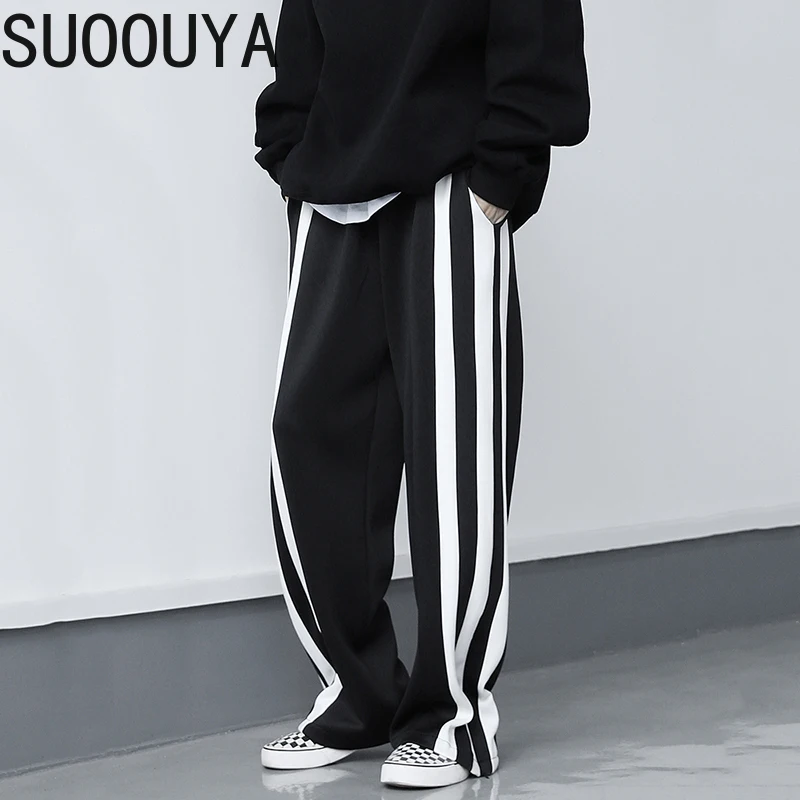 

[SUOOUYA] Korean High Elastic Waist Black Striped Contrast Color Trousers New Loose Fit Pants Women Fashion Spring Clothing 2021