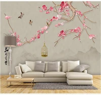 xue su large custom home decoration wallpaper mural hand painted flowers and birds red plum ink landscape tv background wall