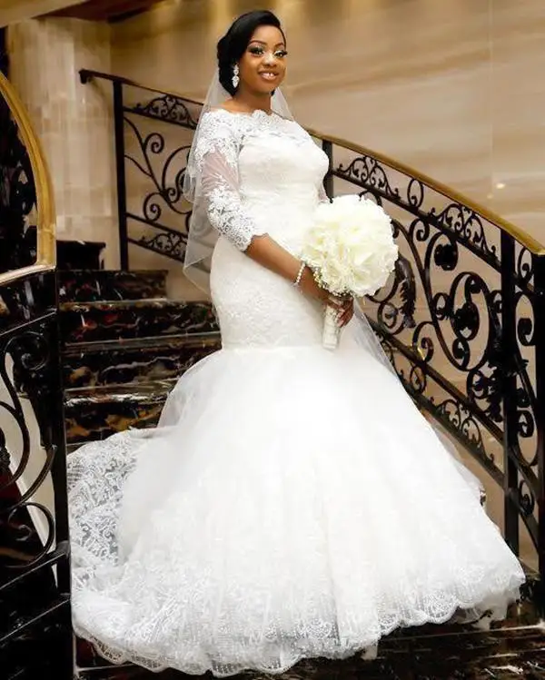 

African Country Weddign Dresses Mermaid Bateau Half Sleeve Sweep Train Bridal Gowns With Lace Applique Plus Size Wedding Gown