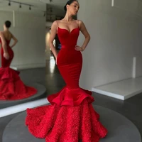 dark red velour evening dress spaghetti straps ruffle trumpet prom gowns appliques formal party dress