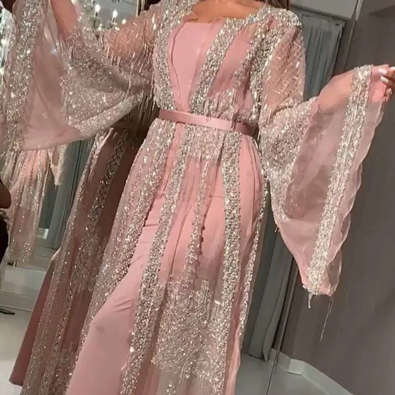 

741 Pink and Silver Women Dress for Party Classic Design Lantern Sleeve Formal Dress Lady Female Clothing Women Lace Dress Hot