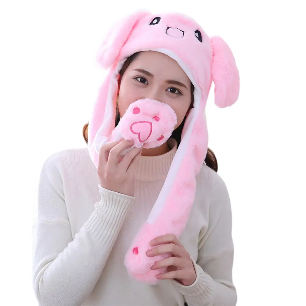 Girls Animals Ear Moving Jumping Hats Children Women Warm Plush Rabbit Winter Caps Kids Cute Bunny Fuzzy Pinch Airbag Funny | Детская