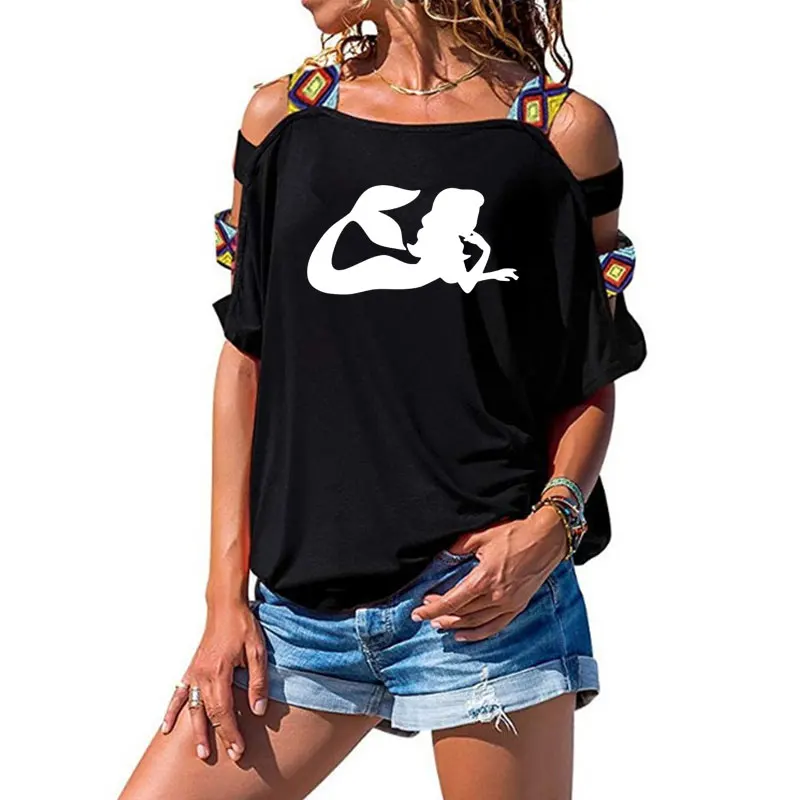 

Mermaid Print T-shirt Fashion WoMen Cotton Short Sleeve Sexy Hollow Out Shoulder Tee