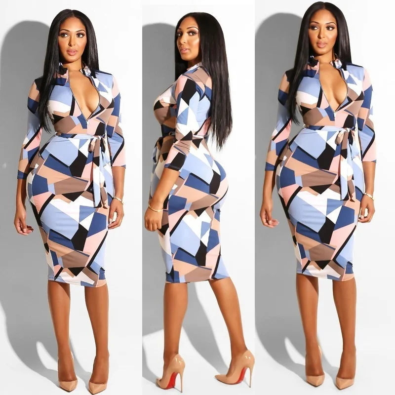 

Spring and Autumn Leopard Print Sexy Women's Dress Long Sleeve Zipper Round Neck Slim Long Dress