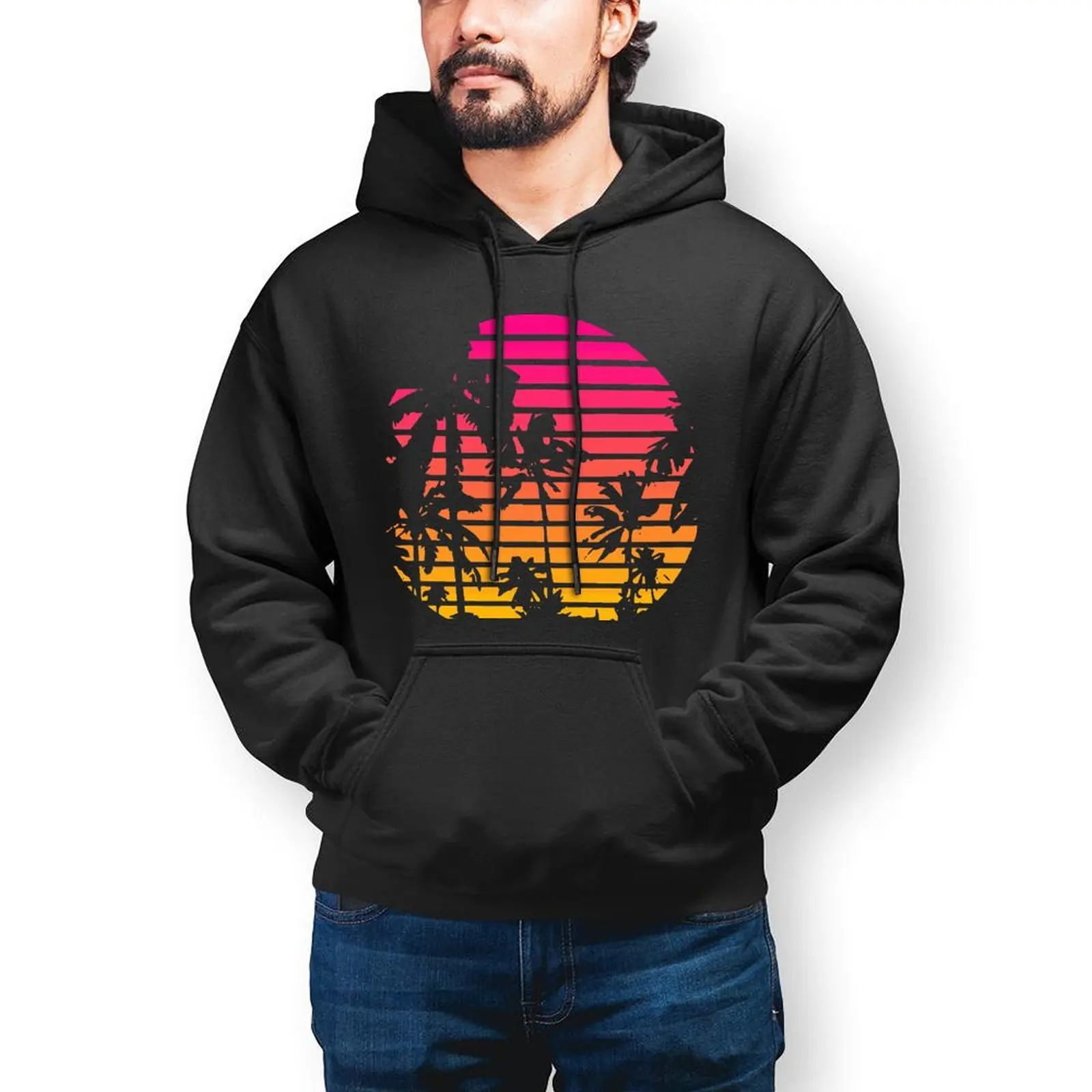 

Palm Tree Hoodies Cotton 80s Loose Pullover Hoodie Autumn Long Length Cool Hoodie Big Men