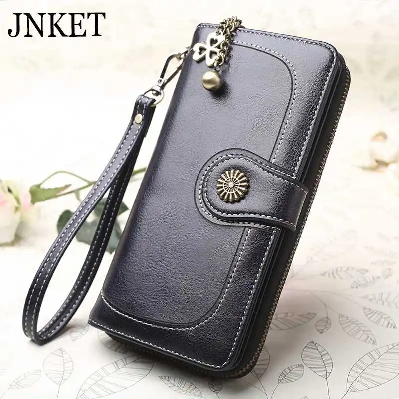 

JNKET Vintage Oil Wax PU Leather Women's Purse Cellphone Clutch Wallet Zipper Long Wallet Card Holder Billfold Clutch Handbag