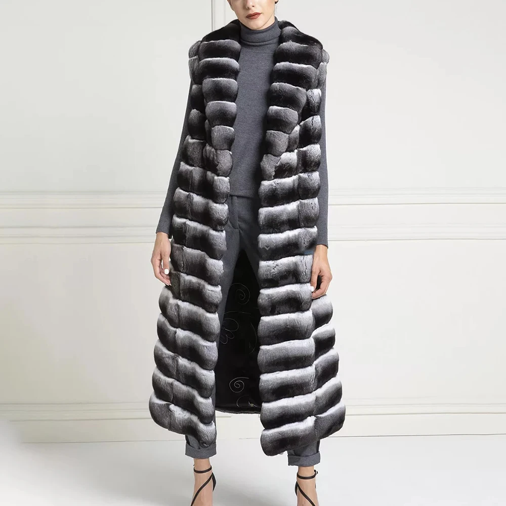 120cm Long Real Rex Rabbit Fur Vest with Turn-down Collar Luxury Women Winter Full Pelt Genuine Rex Rabbit Fur Vests Outwear