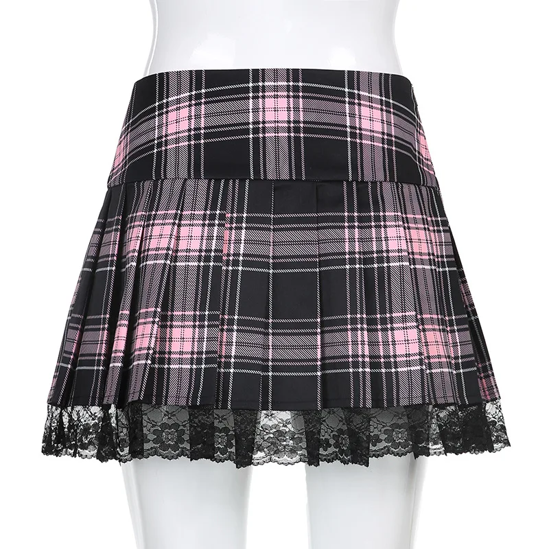 

Mandylandy Skirt Summer Vintage High Waist Pleated Skirt Women's Casual Plaid Lace Stitching Lace Up Skirt