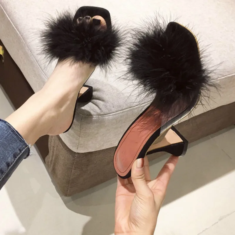 

2020 Summer Fluffy Terlik Gladiator Fashion Sandals Sexy Shoes Woman High Heel Peep Toe Party Thin Heels Pumps Size 35-41