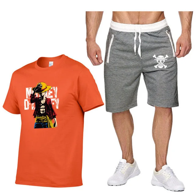 

mens outfits One Piece Luffy Men's Sets T Shirts+Shorts Two Pieces Sets Casual Tracksuit T Shirt anime summer Sportswear set