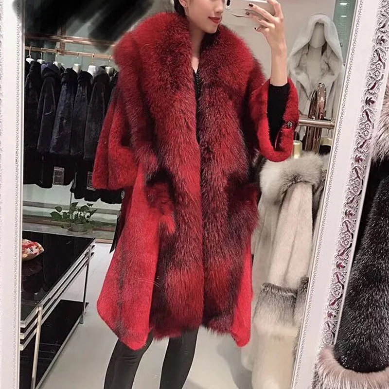 FURSARCAR 2021 New Real Cross Mink Fur Jacket Women Winter Natural Fox Fur Collar Coat Fashion Luxurious Mink Outwear Plus Size