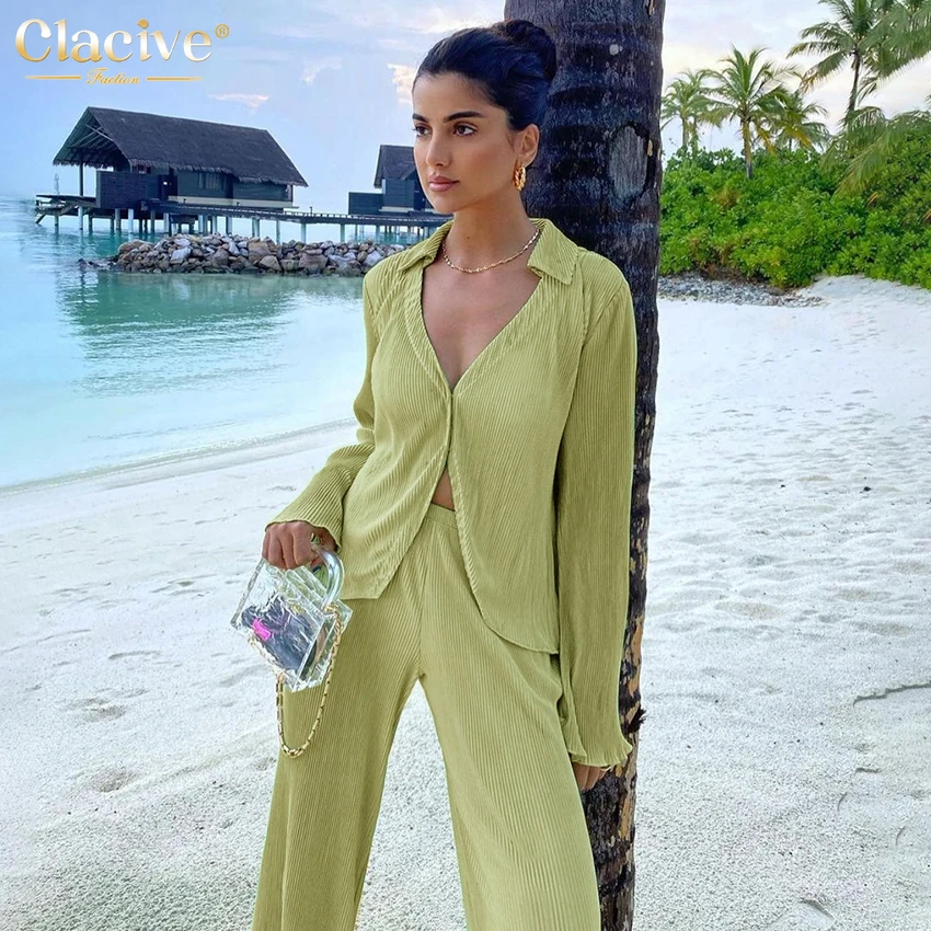 

Clacive Sportys Loose High Waisted Women Trousers Elegant Elastic Waist Summer Women'S Joggers Casual Pleated Wide Leg Pants