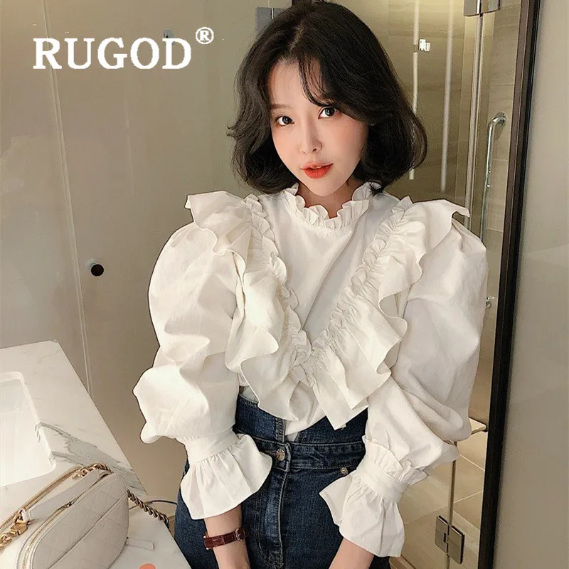RUGOD Spring Ruffle Blouse Women Blouses Long Sleeve Elegant Top Korean Fashion Clothing Women's Shirts Bell White | Женская одежда