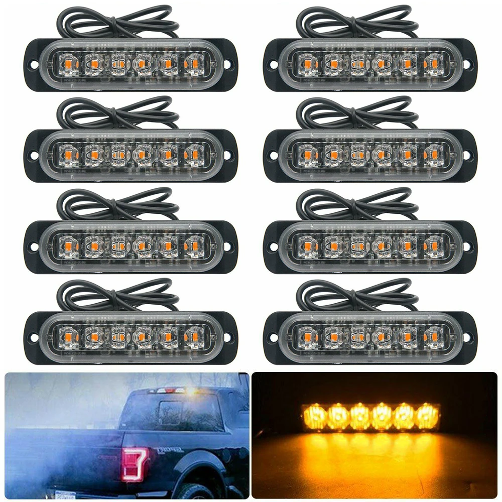 

8pcs 6 LED 12V/24V Amber Recovery Strobe Lights Breakdown Flashing Light IP65 Waterproof Srobe Light for Trucks Lorry Tractors