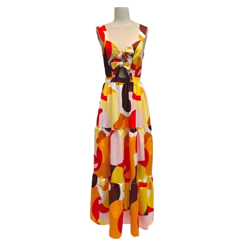 

AELESEEN Vintage Summer Women Dress Runway Fashion Sleeveless Sexy V-Neck Geometric Print 3D Bow Elegant Long Beach Dress