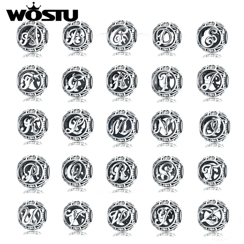 WOSTU, подлинный 925 пробы, серебряный, модный, с буквенным A-Z, бусины, шарм, подходят к оригинальному браслету, ожерелье для женщин, сделай сам, изготовление ювелирных изделий CQC738