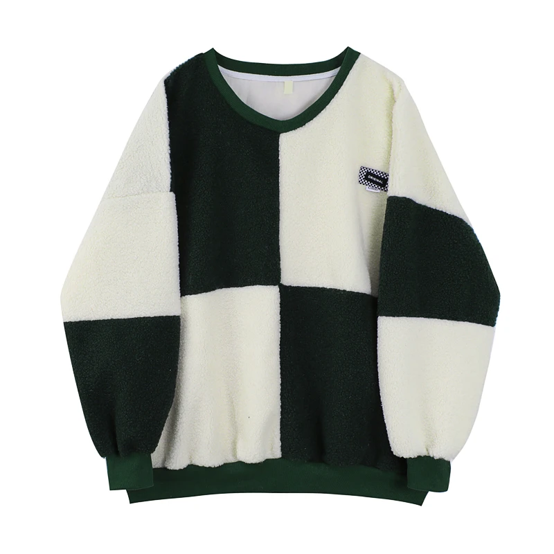 

Color-blocking Faux Lamb Wool Sweater Womens Niche Stitching Autumn And Winter Thickened Hedging Crewneck Long Sleeve Top Female