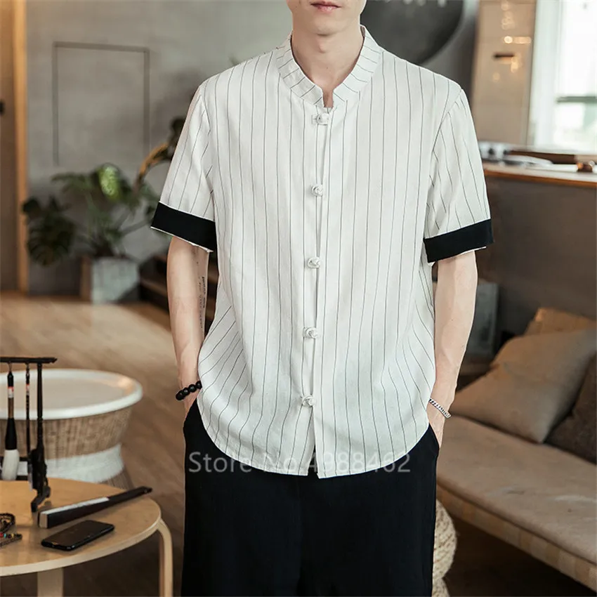 

5XL Summer Short Sleeve Shirt Men Loose Traditional Chinese Style Casual Vintage Shirt Stand Collar Vertical Striped White Blue
