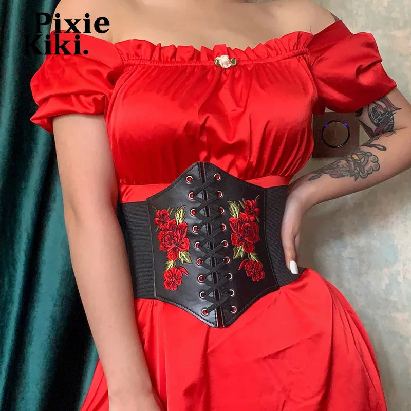 Черные корсеты PixieKiki с вышивкой в виде роз для женщин винтажные модели широкие