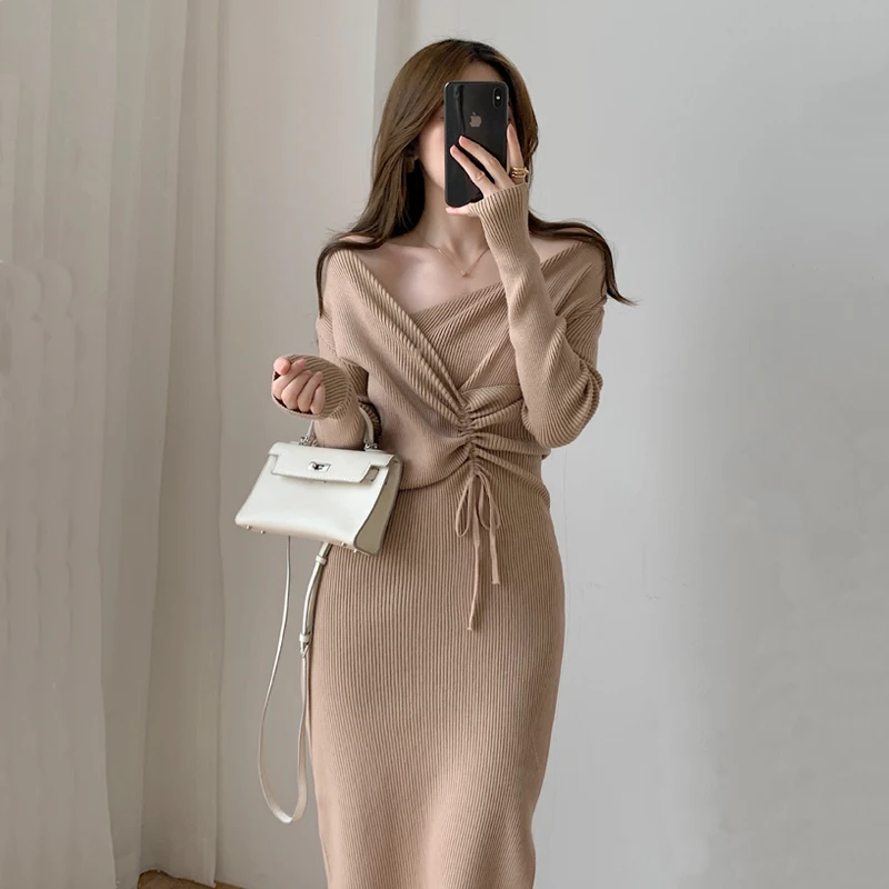 

Women V-Neck Drawstring Knitted Midi Dress Korean Elegant Long Sleeve Autumn Winter Female Chic Retro Sweater Dresses