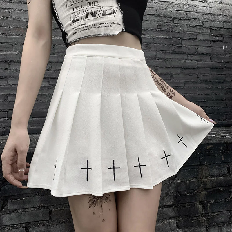

Women Gothic Mini Black Skirts High Waist Streetwear Cross Print Pleated Women Skirts Casual College Lolita Harajuku Skirt
