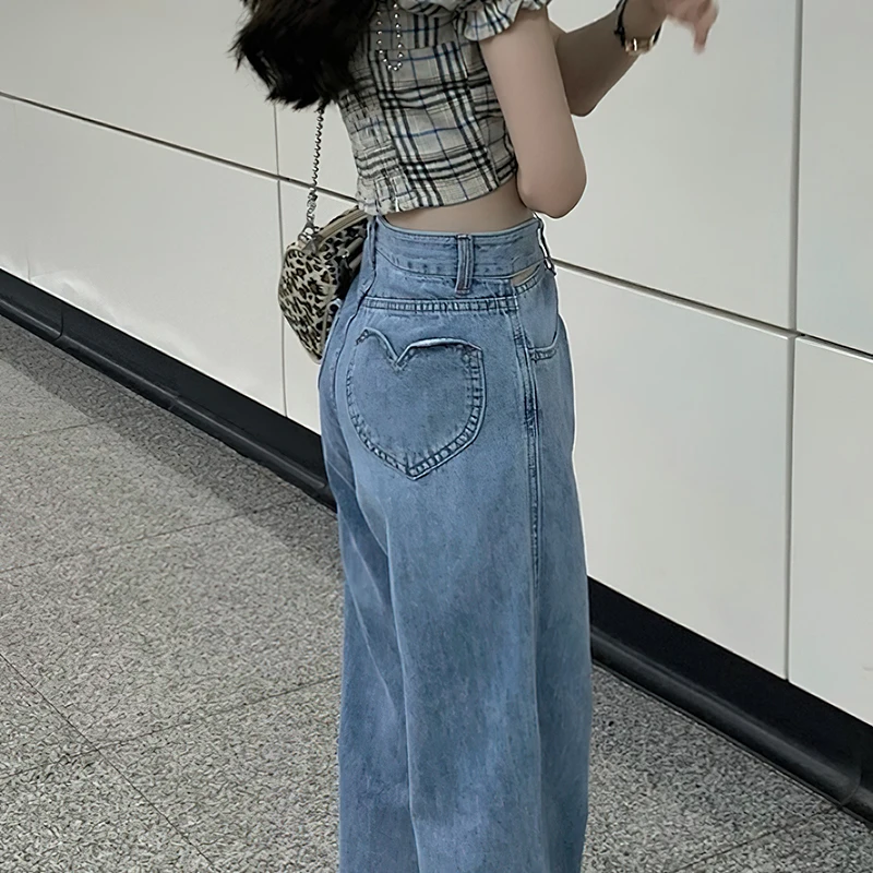 

2021 Women High Waisted Blue Jeans Boyfriend Blue Denim Fall Mom Jeans Cintura Alta Vintage Love Loose Wide Leg Pants Femme