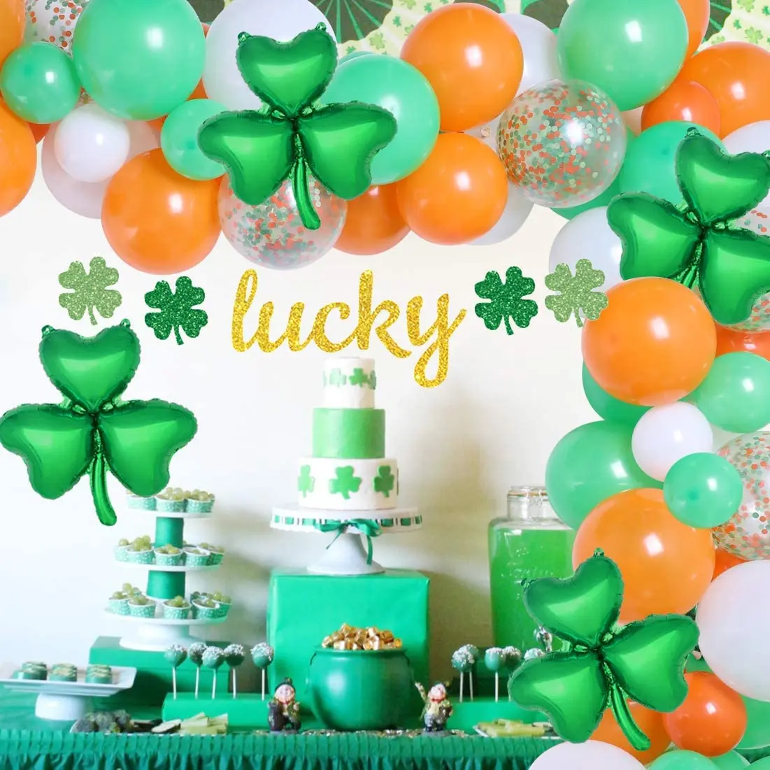 

Green and White Balloon Arch Garland Decorations Lucky Bunting Banner Shamrock Clover Foil Balloon for Women Birthday