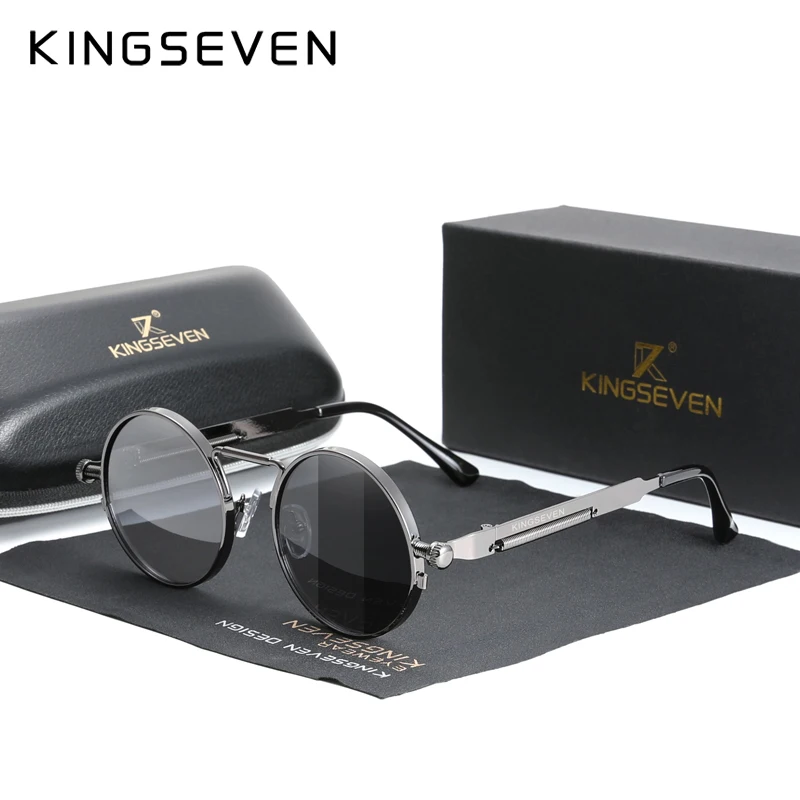 KINGSEVEN High Quality Gothic Steampunk Sunglasses Polarized Men Women Brand Designer Vintage Round Metal Frame Sun Glasses | Аксессуары
