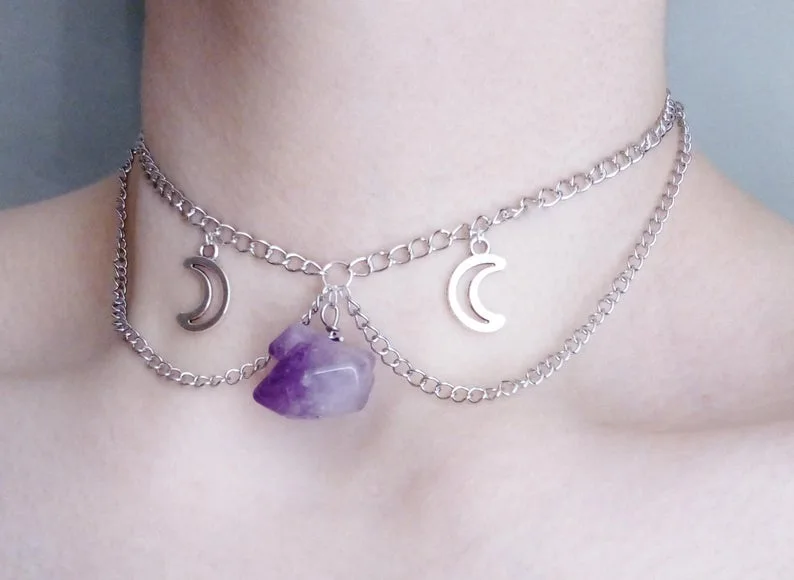 

amethyst moon choker/ raw crystal necklace/moon necklace