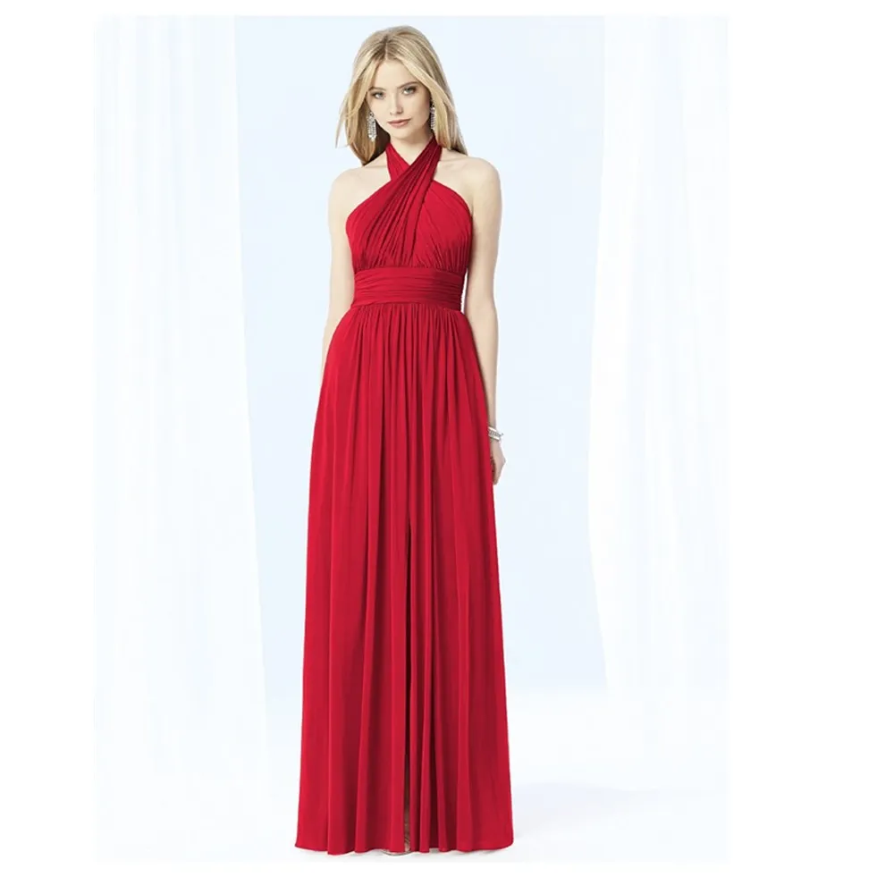 

Red Sexy Backless Chiffon Bridesmaid Dresses Floor-Length Halter Pleated Bridesmaid Dress For Adult Prom Gowns