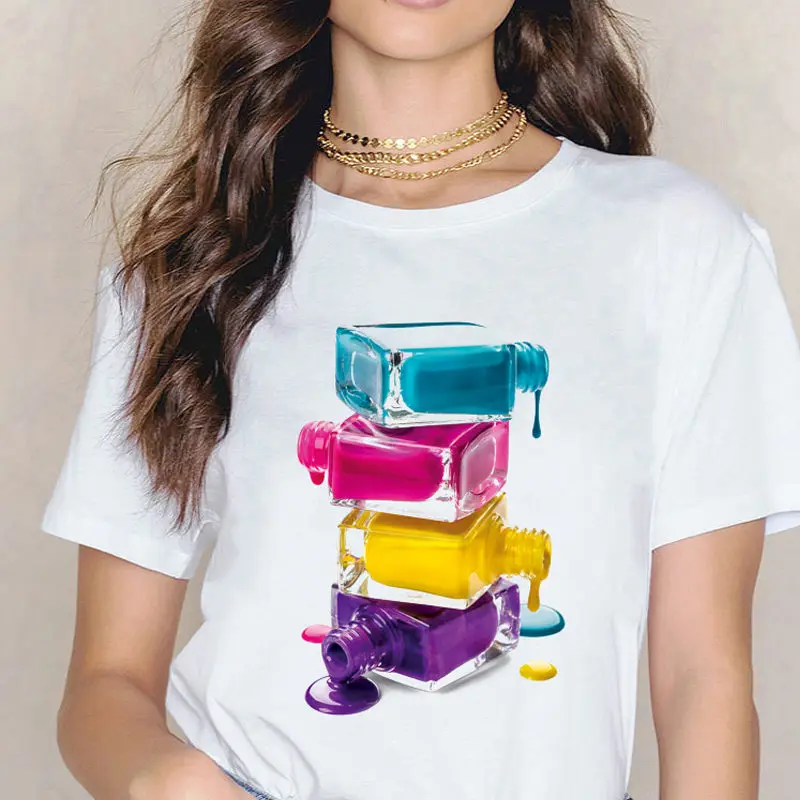 

T shrit Rainbow nail polish print female T-shirt femme vintage T-shirt clothes summer aesthetic female Harajuku graphic T-shirt