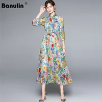 banulin summer runway floral midi party dinner dresses elegant high waist bow sashes chiffon boho dress elbise plus d n77029