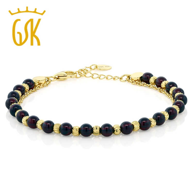 925 пробы Серебряный 4 мм круглый красный гранат позолоченный браслет с защитной
