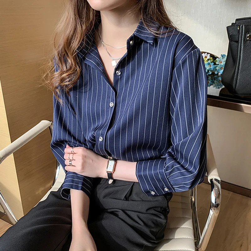 

Полосатая белая блузка на три четверти, женские офисные новые осенние Топы, женская одежда на пуговицах, блузы для женщин
