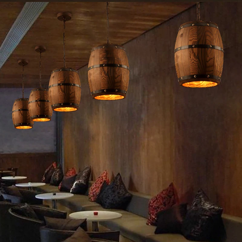 

E27 American country loft wood Wine barrel hanging Fixture ceiling pendant lamp light for bar cafe living dining room restaurant