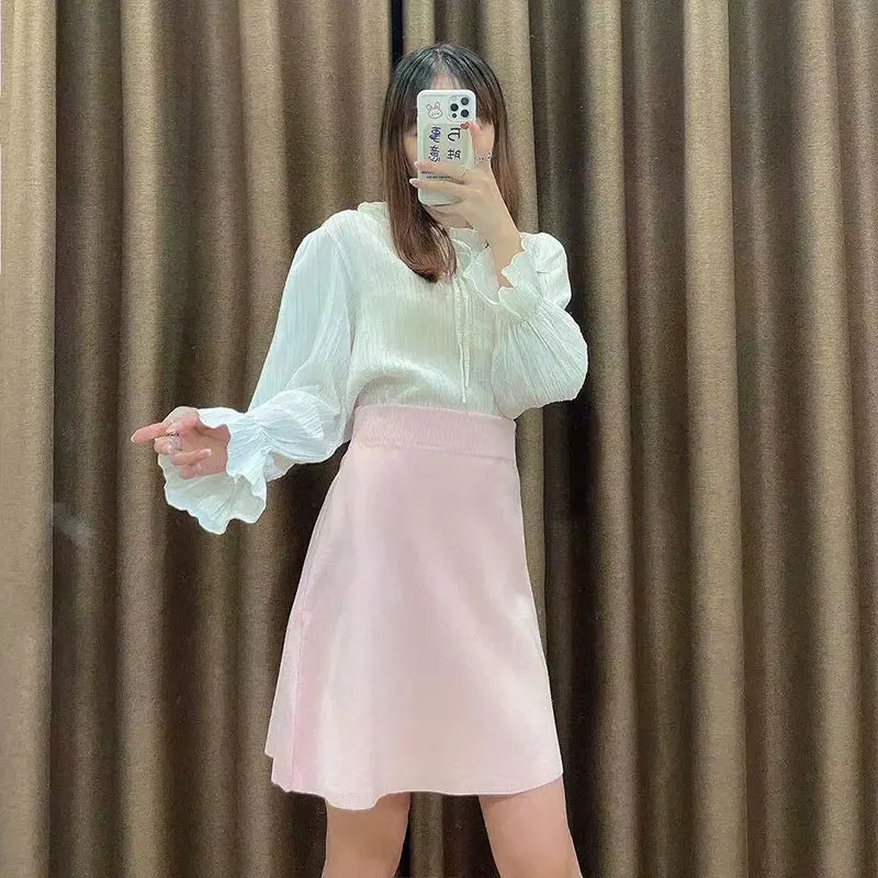 

2021 summer women's Korean elastic waist A-line knitted mini high waist short skirt all-match pink elastic slim slimming