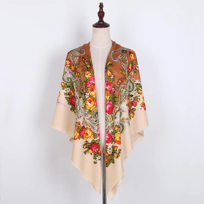 Beige with Brown Шарф Babushka, головной платок, российские шали, женские большие квадратные пончо с пейсли, женские шейные платки, платок Manton Manila - Цвет: Beige with Brown