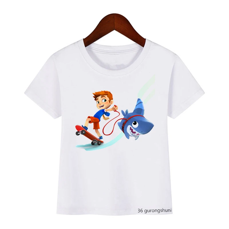 

T-Shirt For Boys/Girls Funny Sharking With Sharkdog Cartoon Print Children'S Tshirt Summer Boy Clothes White Shortsleeved Tops